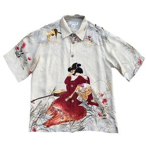 Citron Mens Silk Kimono Style Shirt Geisha Crane Floral Print Button Up Small